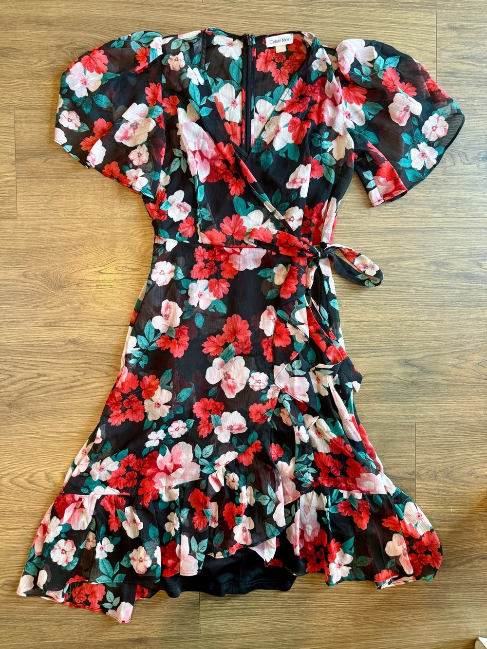 Calvin Klein Black Floral Wrap Midi Dress